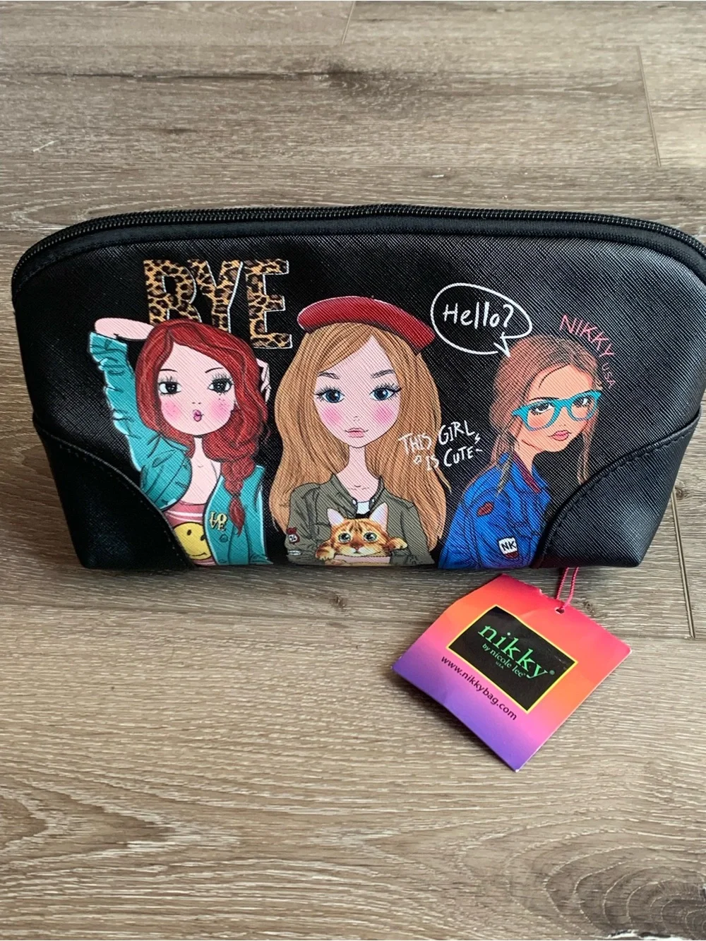 Nikky by Nicole Lee GIRLS WANT TO HAVE FUN  and cat Cosmetic Bag Dot Lining NWT